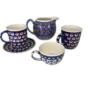 Boleslawiec Polish Pottery Set Of 5 Stoneware Pot 3 Mugs Saucer
